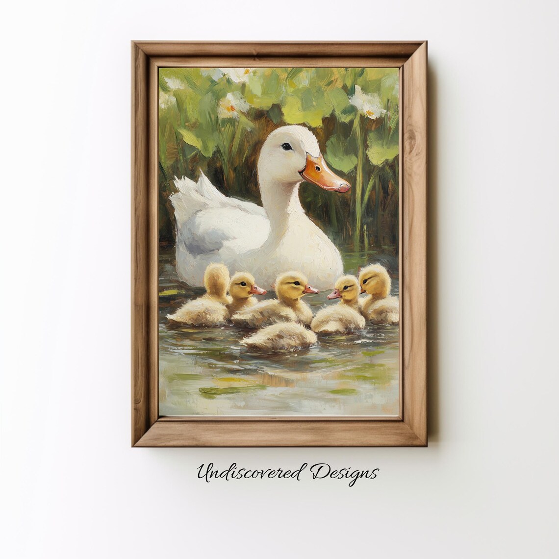 Mother Duck and Ducklings Swimming Vintage Oil Painting Pond Poster