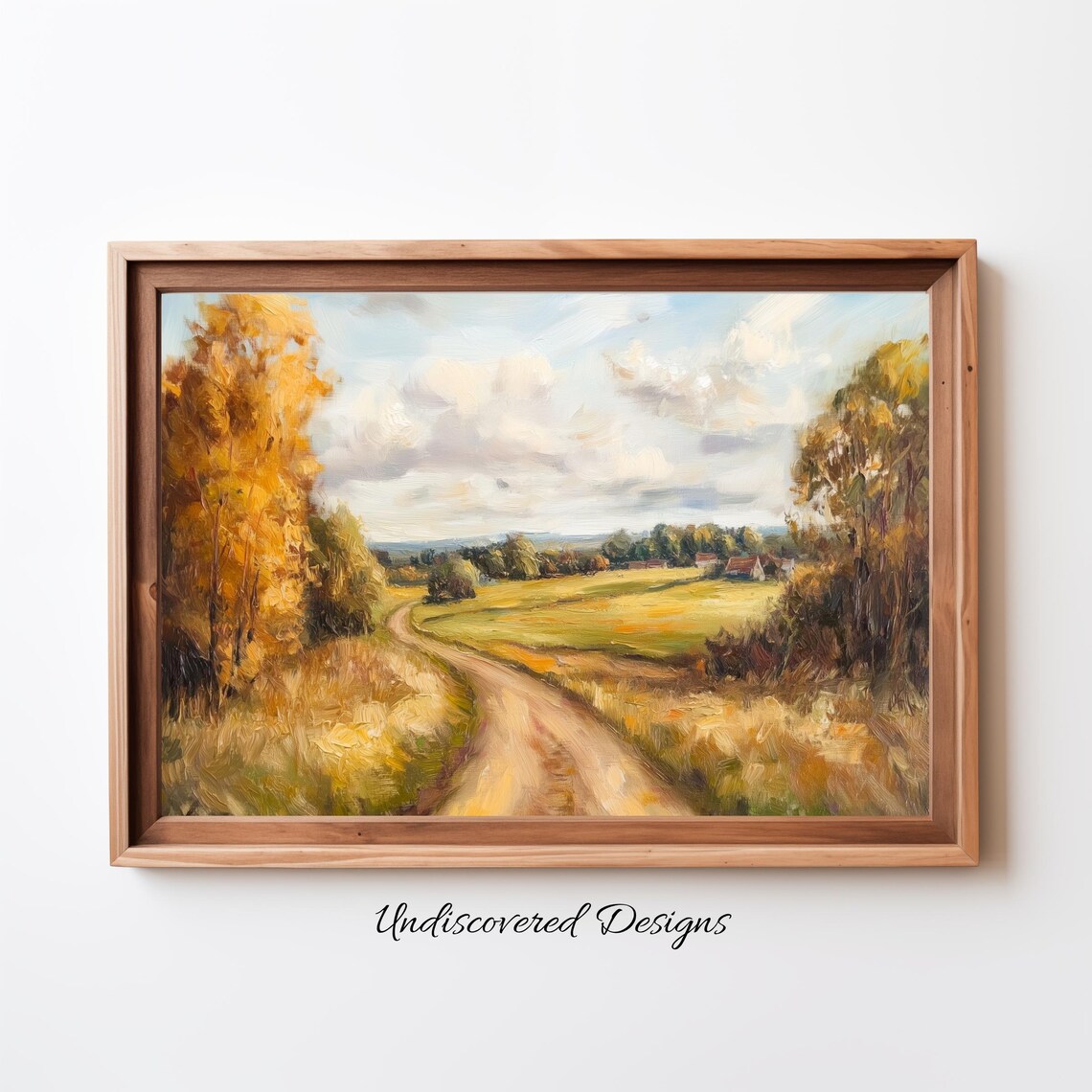Golden Autumn Country Road Village Vintage Landscape Oil Poster
