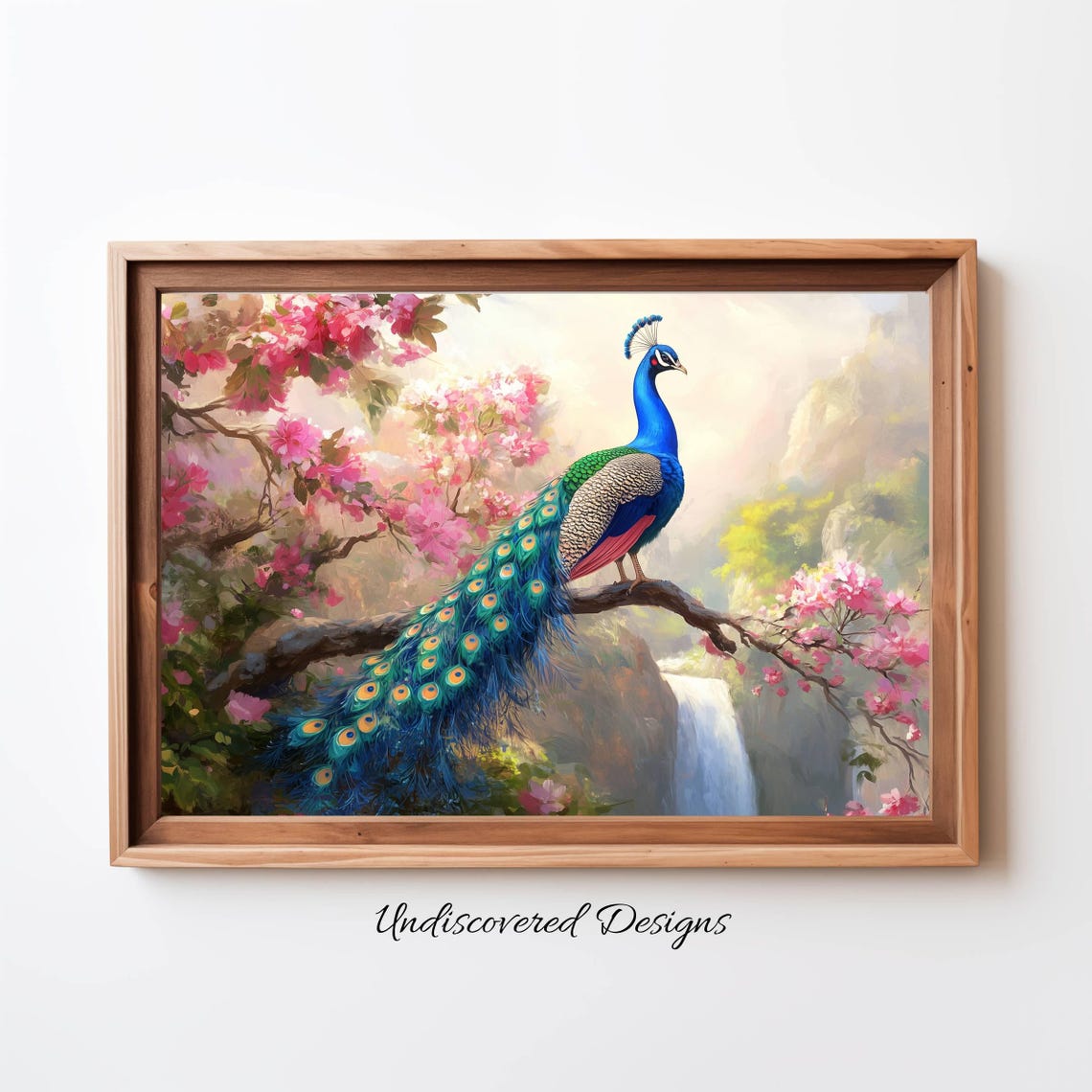 Peacock Perched Among Cherry Blossoms Waterfall Vintage Style Poster