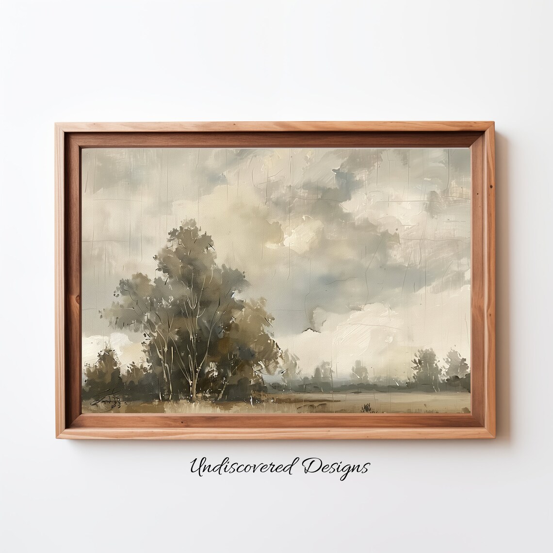 Vintage Summer Clouds Oil Painting Art Print Muted Tree Sky Landscape
