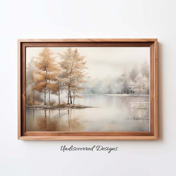 Golden Autumn Trees Misty Lake Reflection Vintage Art Poster
