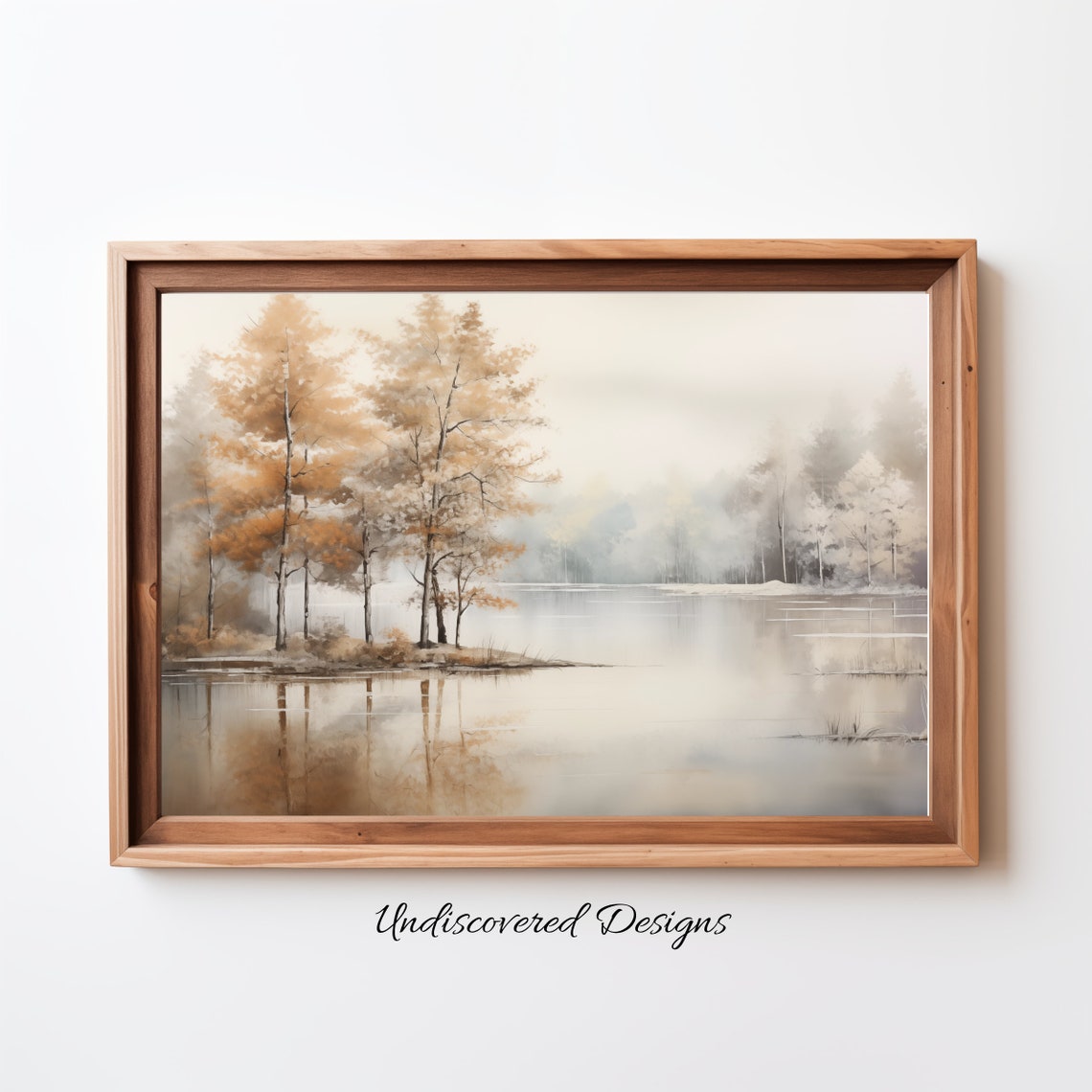 Golden Autumn Trees Misty Lake Reflection Vintage Art Poster