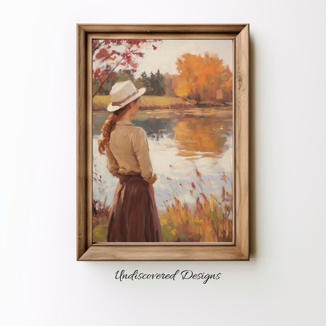 Woman in Hat Gazing at Autumn Lake Vintage Oil Painting Poster