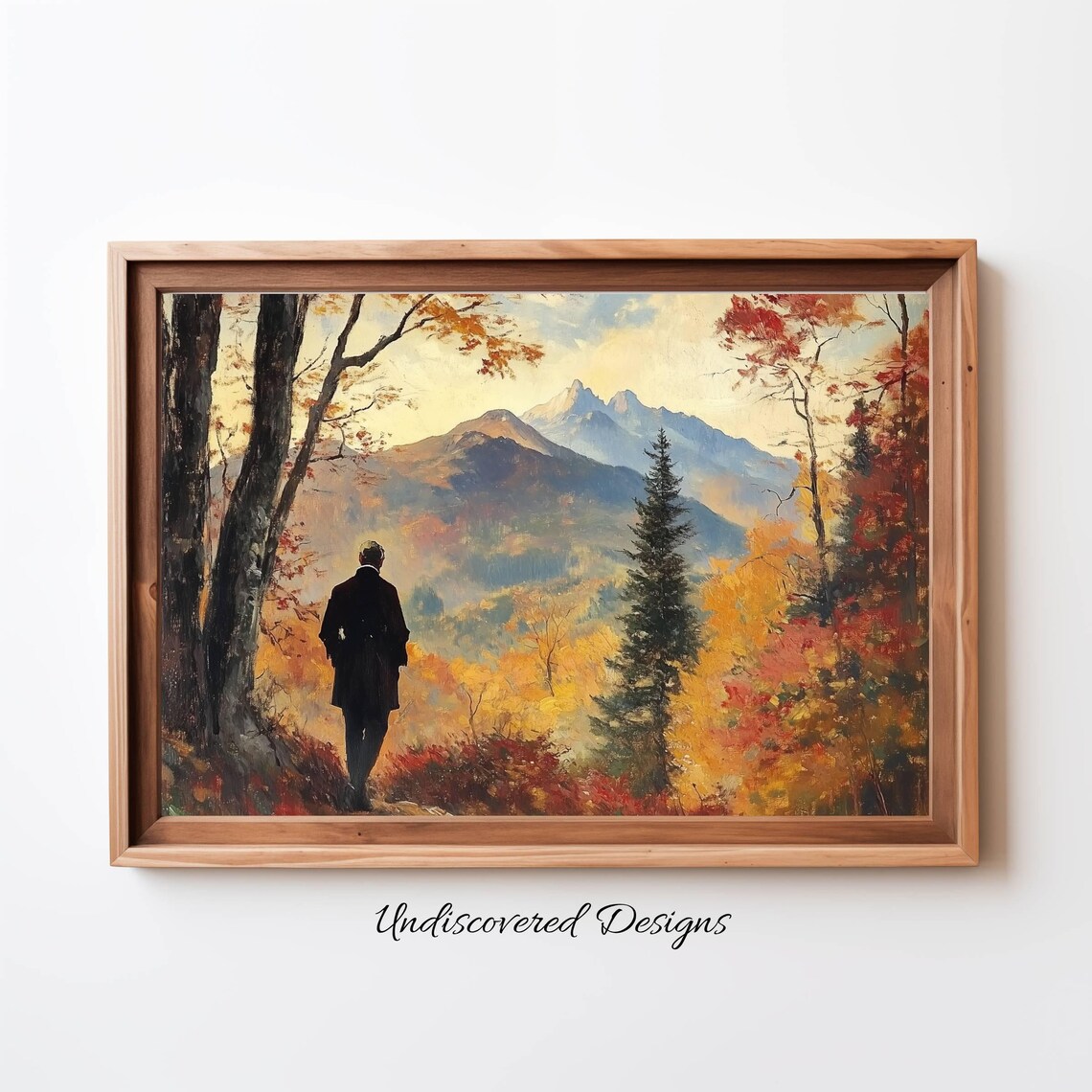 Autumn Mountain View Hiker Vintage Fall Landscape Oil Painting Print