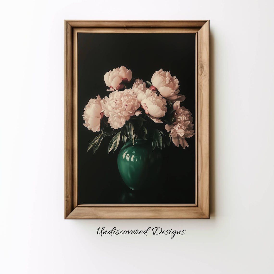 Blush Peonies in Emerald Vase Dark Floral Still Life Art Poster