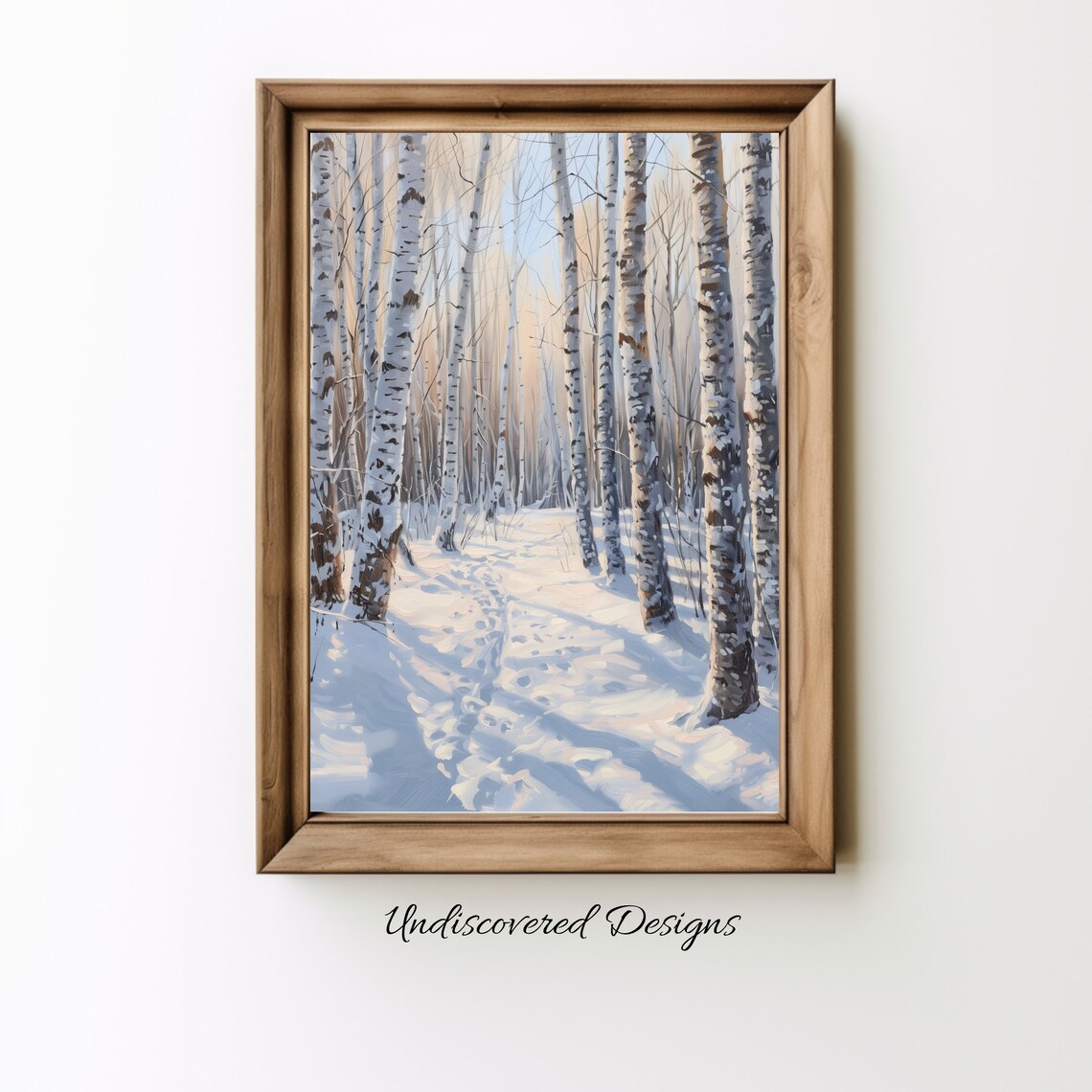 Snowy Birch Forest Trail Glowing At Sunset Winter Oil Painting Poster