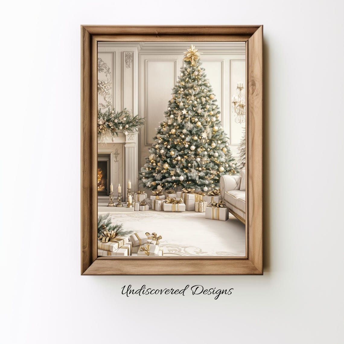 Elegant White Christmas Tree Gold Ornaments Luxury Holiday Poster