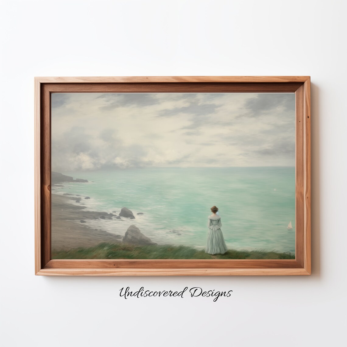 Woman In White Dress Gazing Over Windy Ocean Cliff Seascape Poster