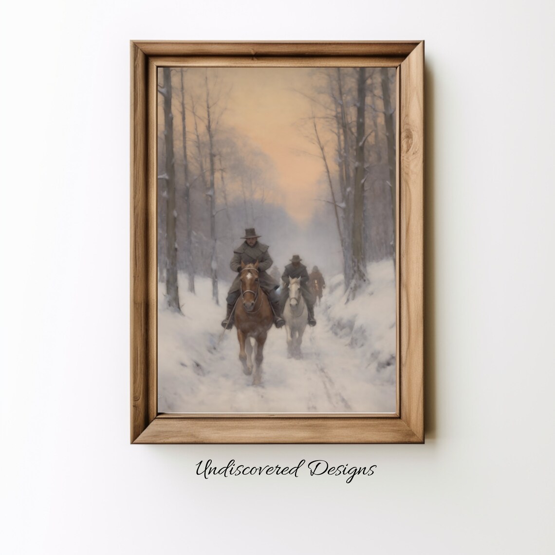 Horseback Riders On Snowy Winter Forest Trail Painting Poster