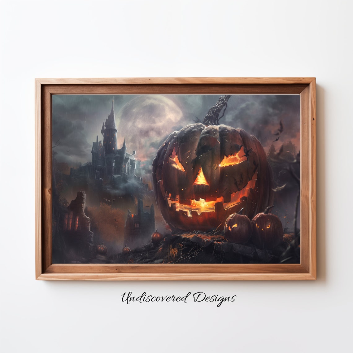 Glowing Jack O Lantern Before a Haunted Castle Halloween Poster