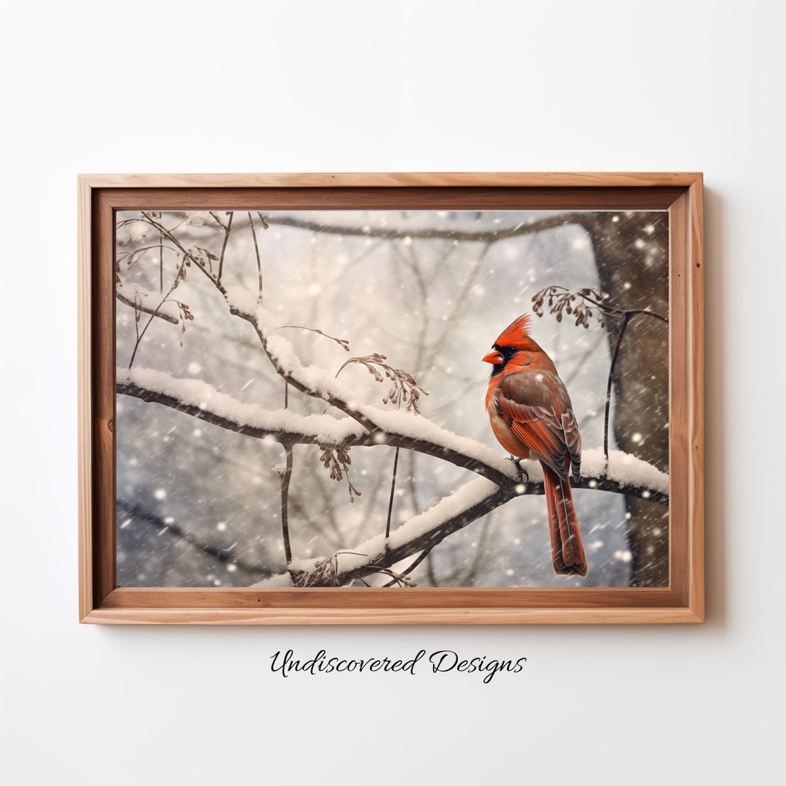 Red Cardinal in Snowstorm Perched on Branch Winter Bird Poster
