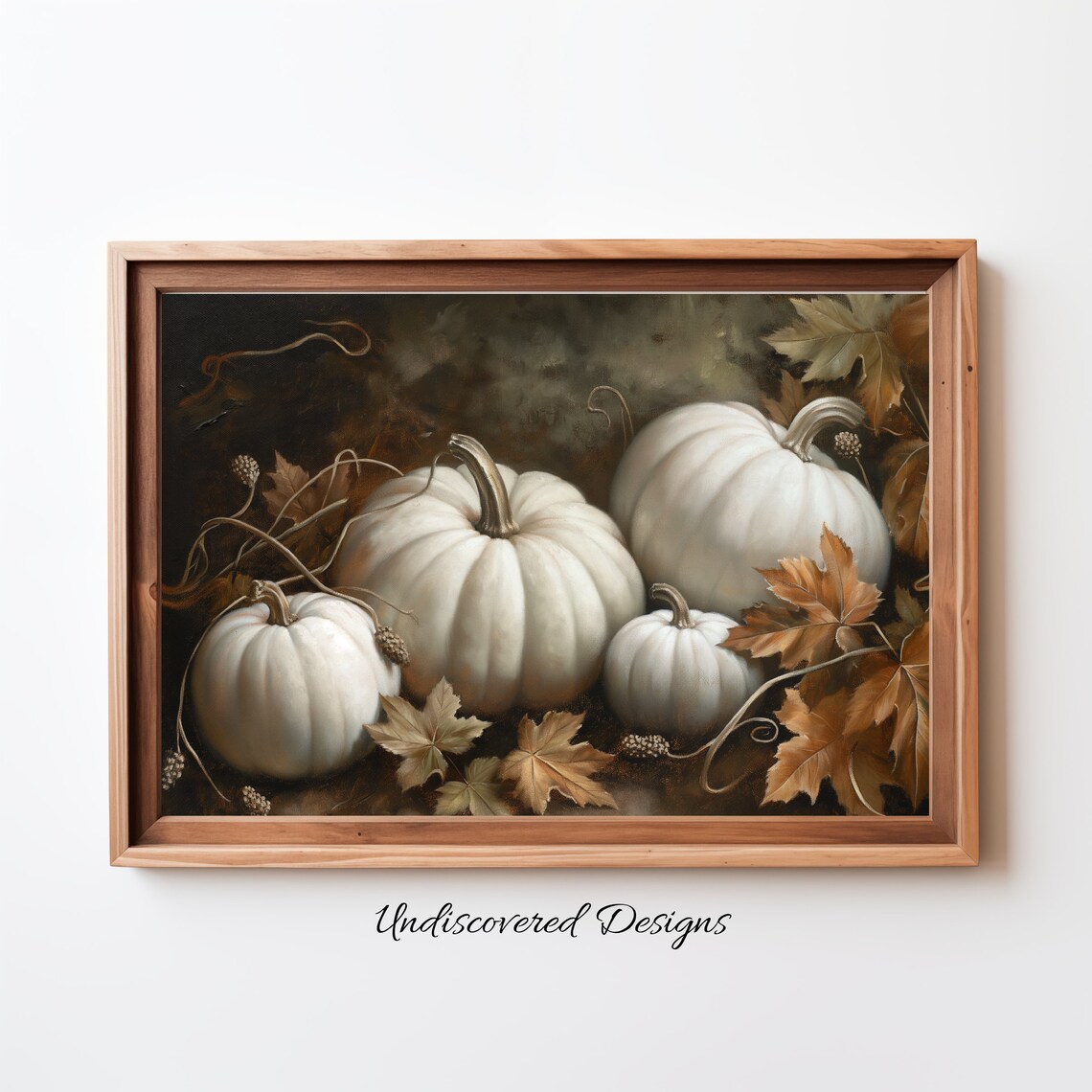 White Pumpkins Still Life Art Print, Rustic Autumn