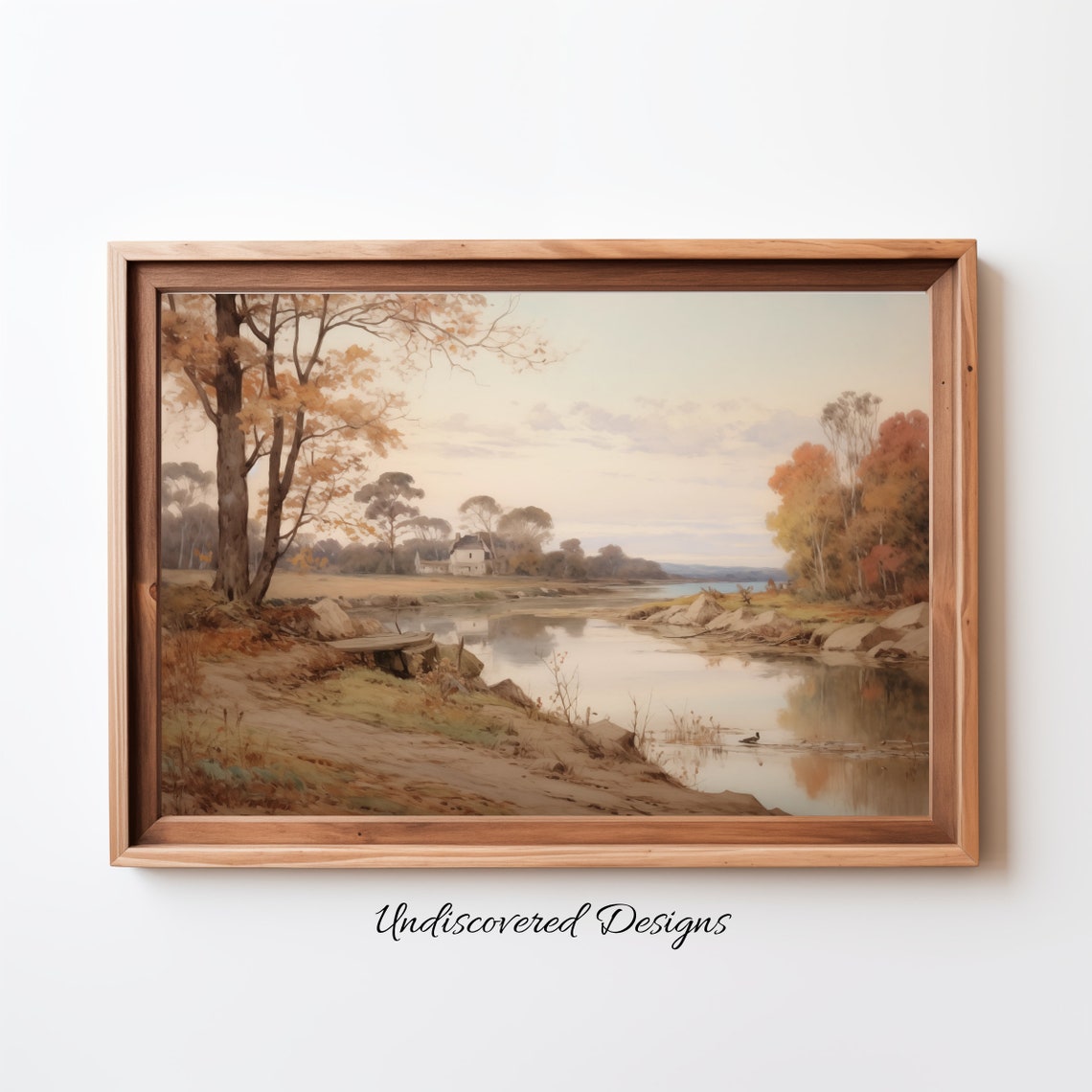 Autumn Pond Landscape Vintage Riverside Painting Serene Fall Poster