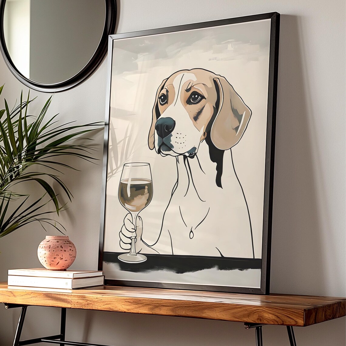 Beagle Dog Holding White Wine Glass Beige Painterly Pet Art Poster - Image 3