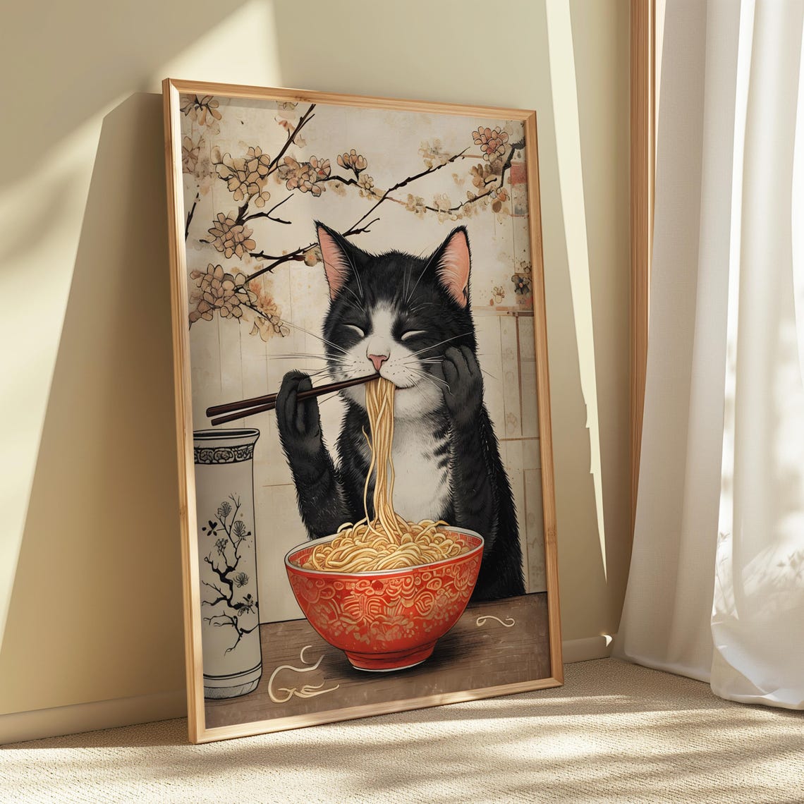 Black And White Cat Slurping Ramen Red Bowl Kawaii Art Poster - Image 2