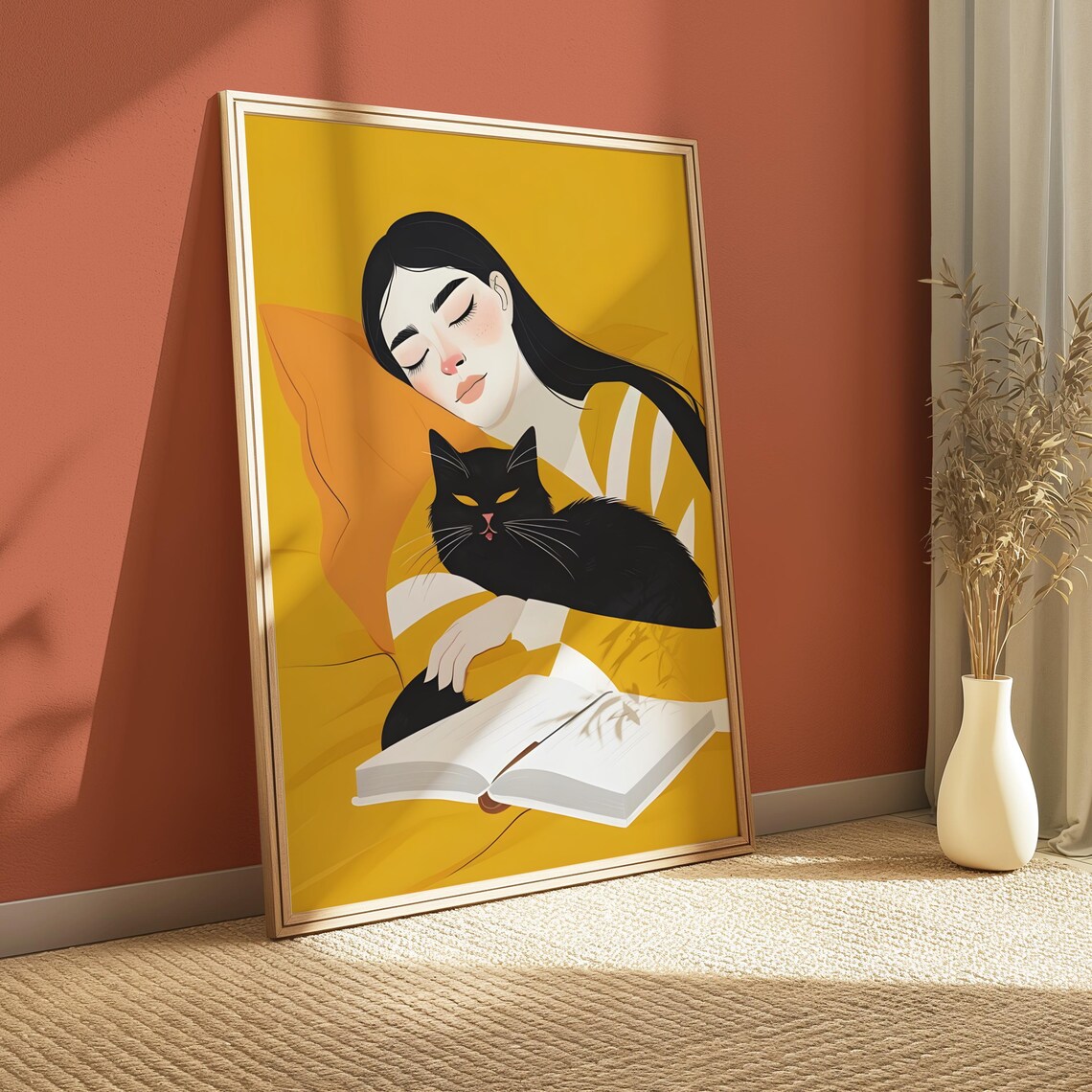 Black Cat Girl Reading With Book Yellow Japanese Illustration Poster - Image 4