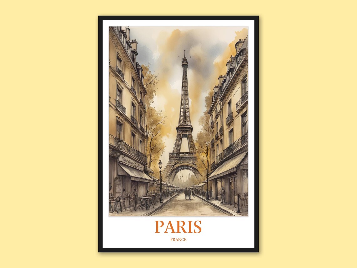 Paris Eiffel Tower Charming Street Watercolor France Travel Poster