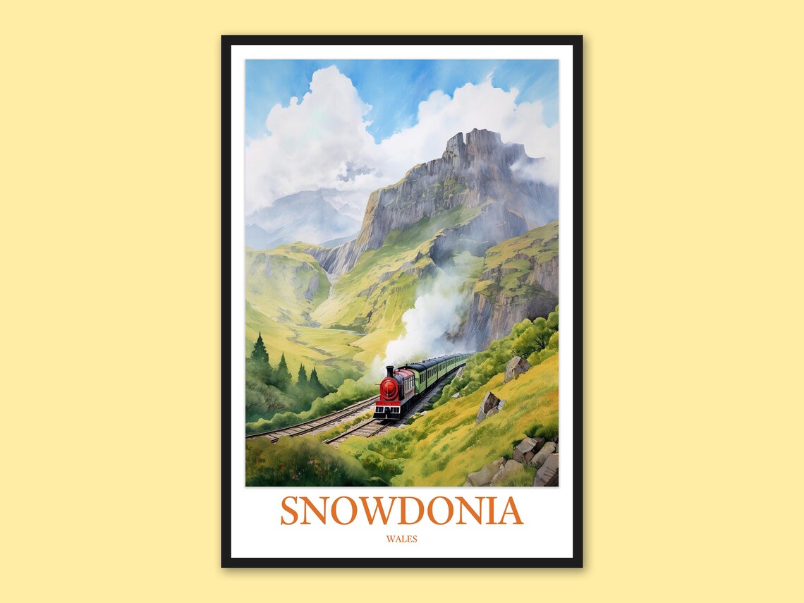 Snowdonia Wales Red Steam Train Mountain Valley Travel Poster