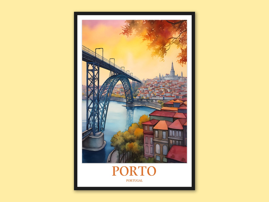 Porto Portugal Douro River Dom Luis Bridge Sunset Watercolor Poster