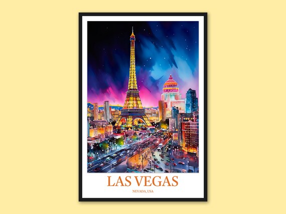 Las Vegas Eiffel Tower Close-Up Neon Night Skyline Travel Poster