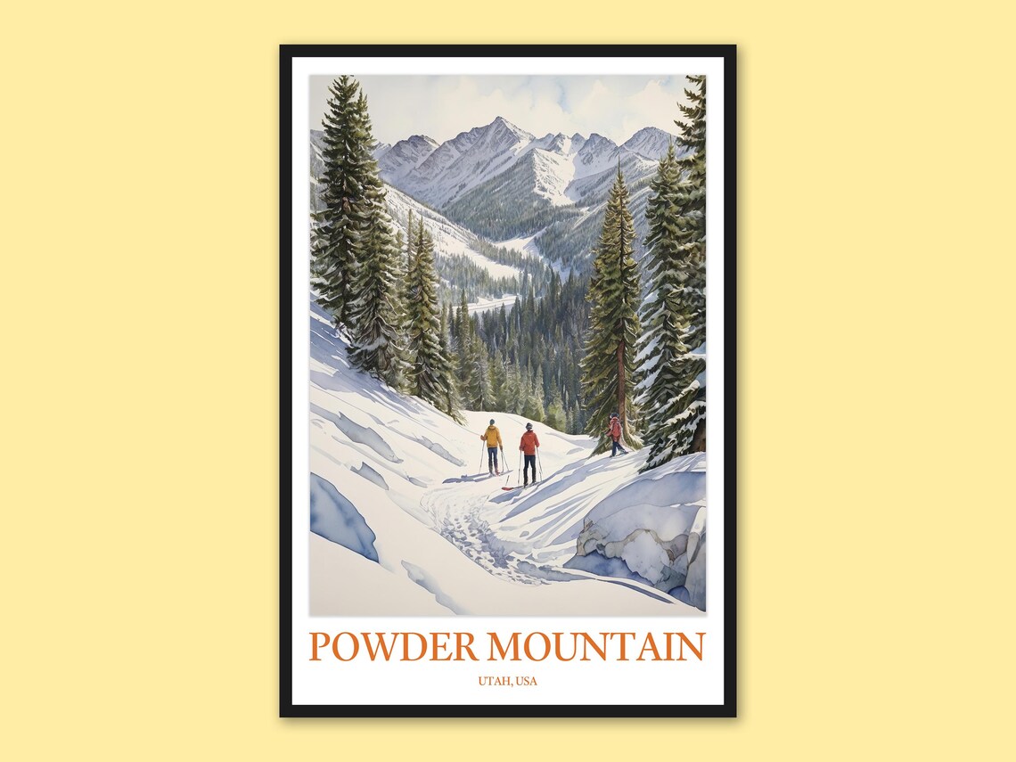 Powder Mountain Utah Three Skiers Descending Forest Trail Poster