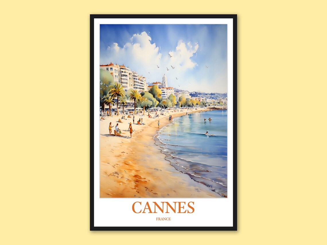 Cannes France Beachgoers Seaside Daytime Watercolor Travel Poster