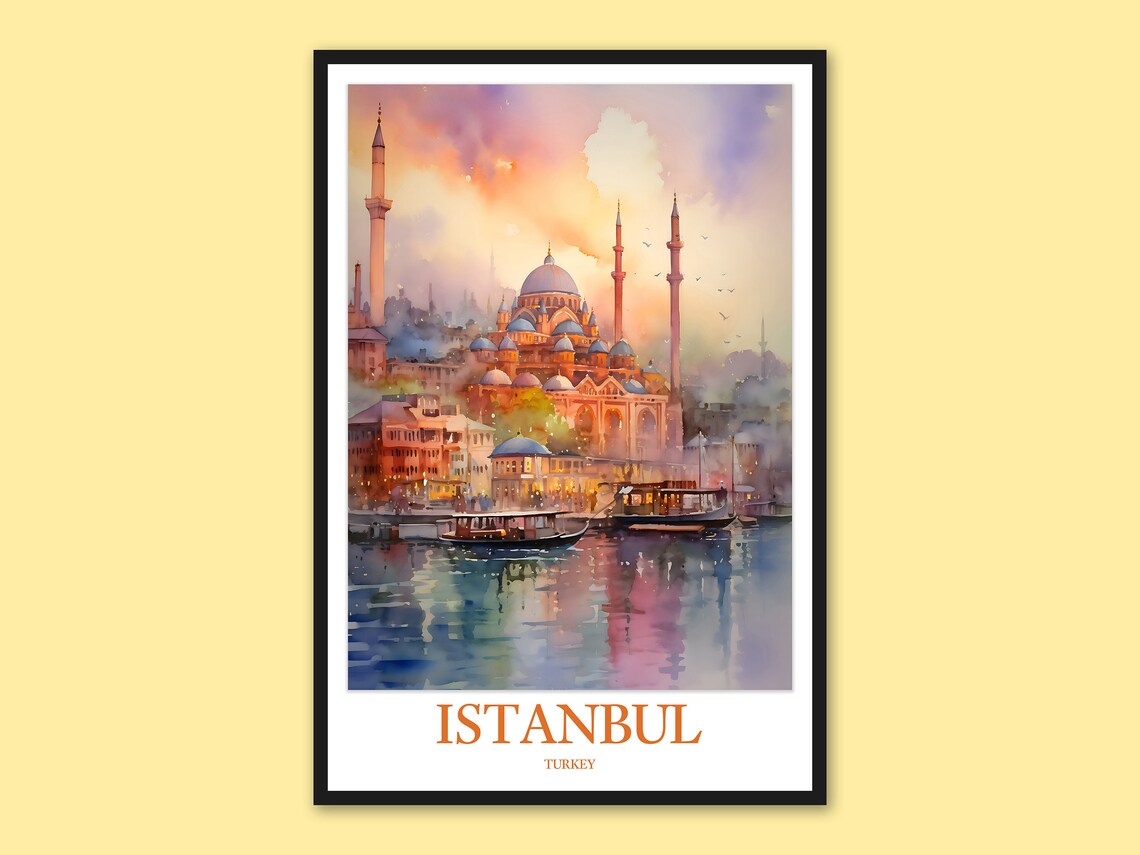 Istanbul Turkey Watercolor Grand Mosque Sunset Bosphorus Poster
