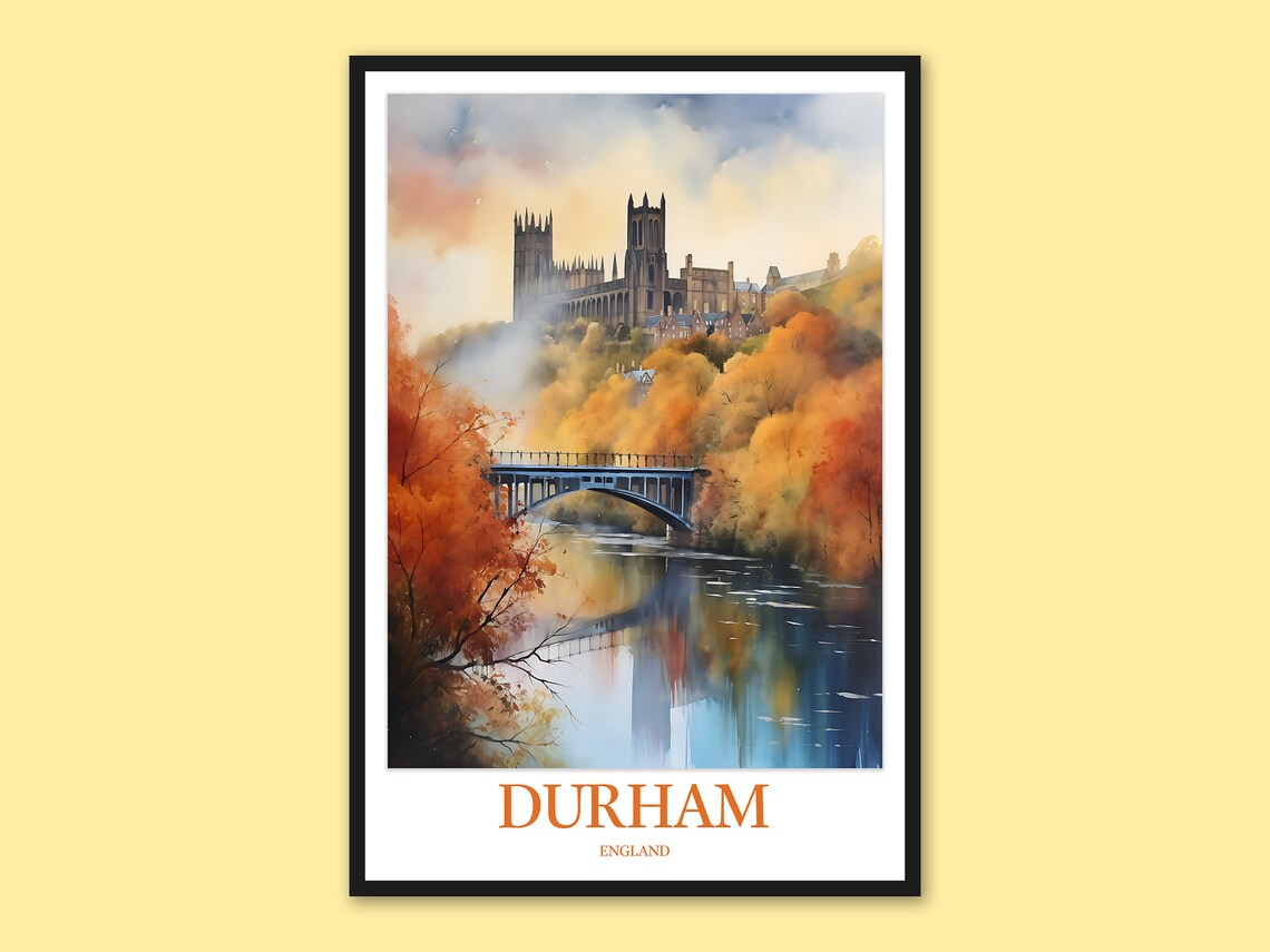 Durham Cathedral River Bridge Autumn Watercolor Travel Poster