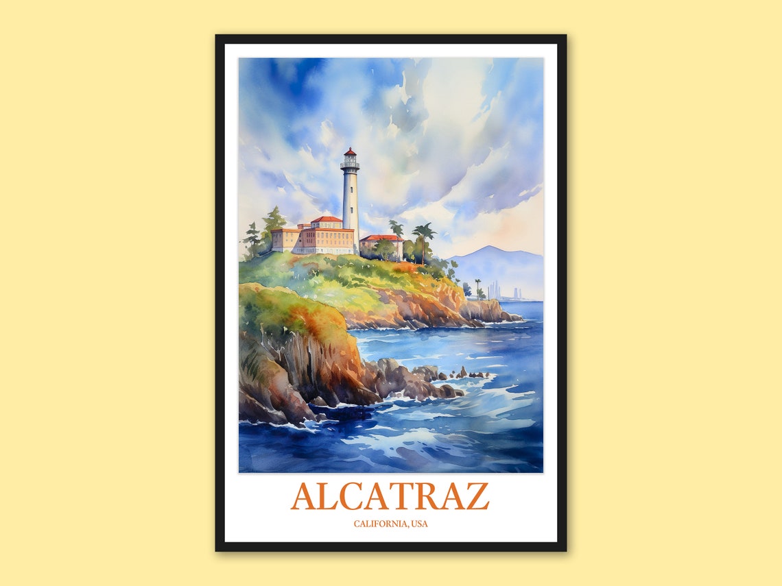 Alcatraz Island Lighthouse Bay San Francisco Watercolor Travel Poster