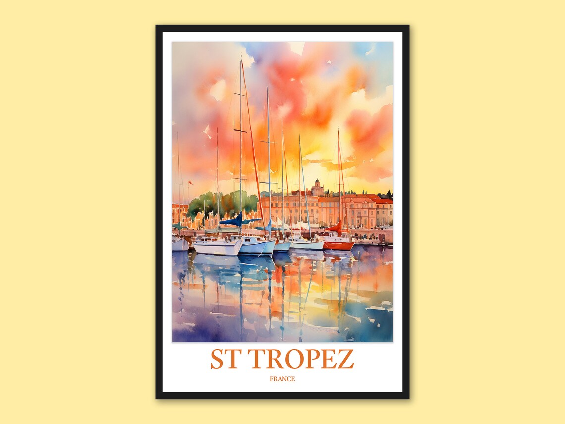 St Tropez France Golden Sunset Harbor Sailboats Watercolor Poster