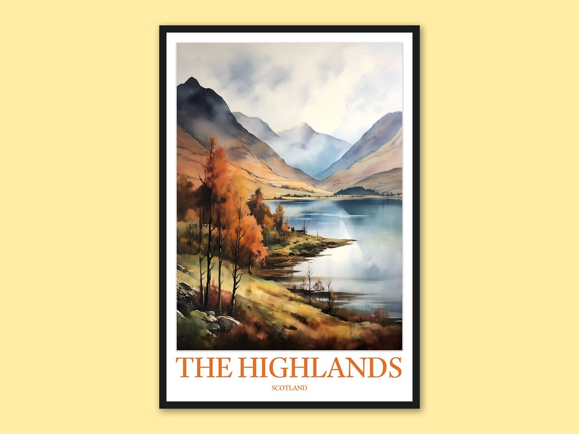 Scottish Highlands Golden Trees Loch Shore Watercolor Travel Poster