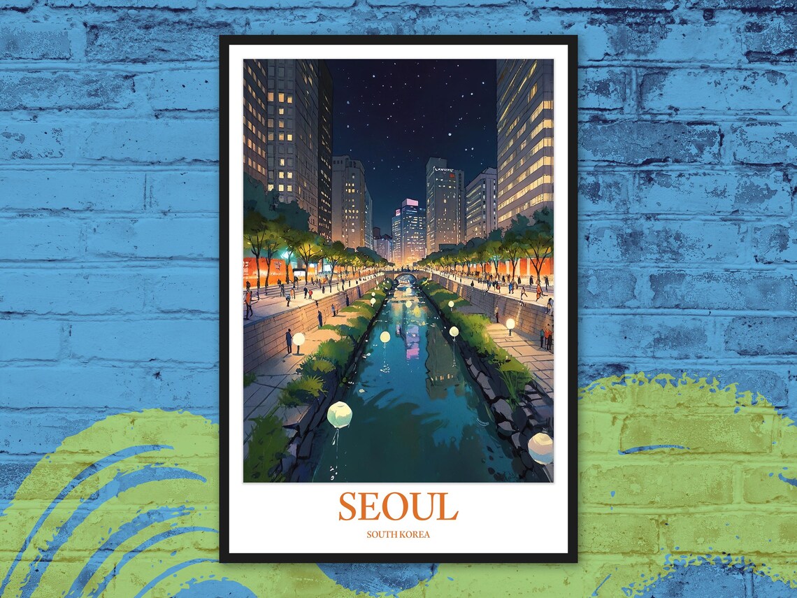 Seoul Night Stream Cheonggyecheon Lights Evening Travel Poster