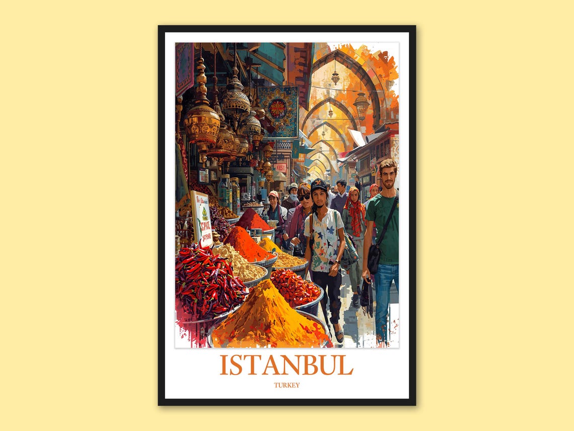 Istanbul Grand Bazaar Spice Market Bustling Crowd Travel Poster