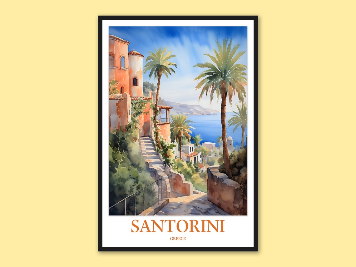 Santorini Greek Island Hillside Palms Coast Watercolor Travel Poster