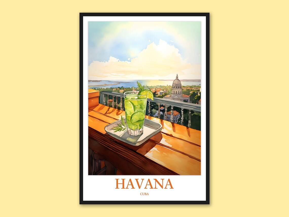 Havana Cuba Balcony Cocktail City View Watercolor Travel Poster
