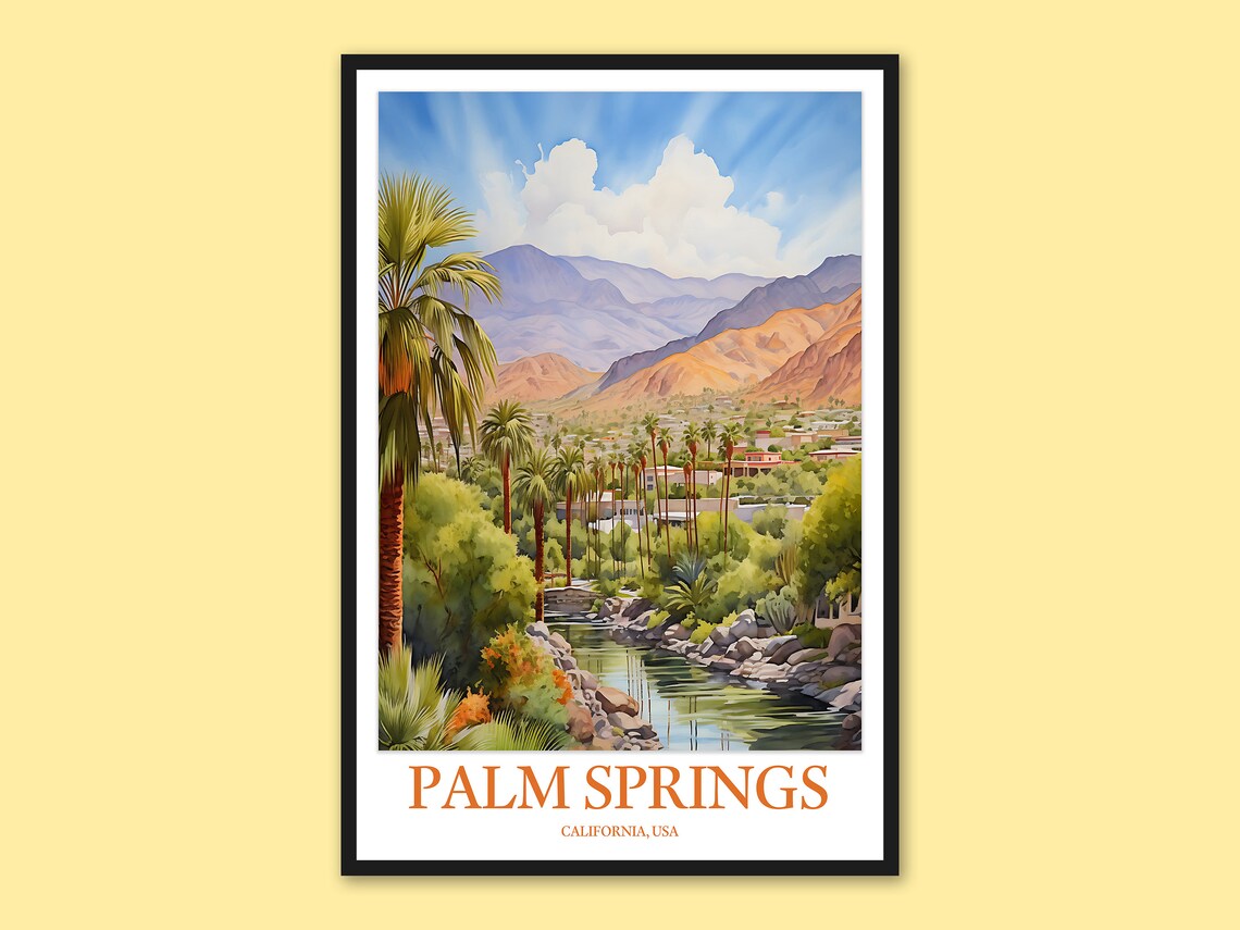 Palm Springs California Desert Oasis Creek Palms Watercolor Poster