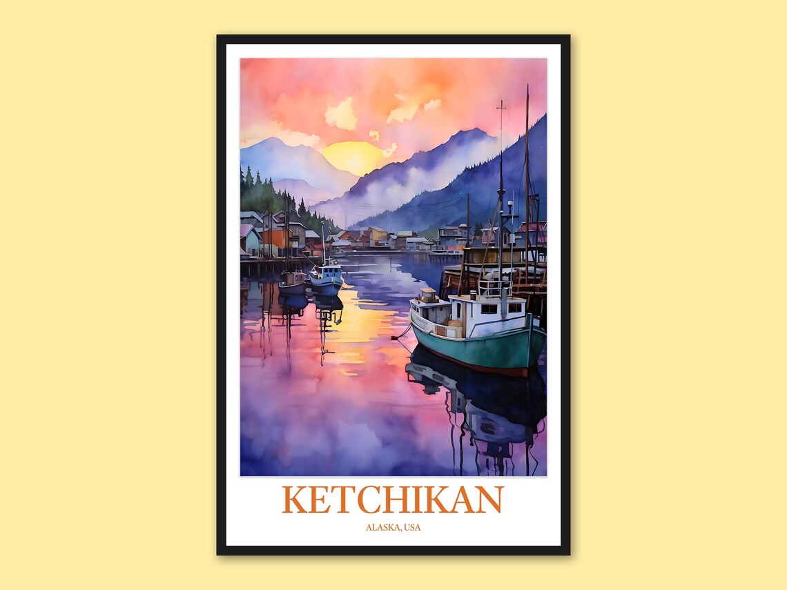 Ketchikan Alaska Harbor Sunset Glow Watercolor Travel Poster