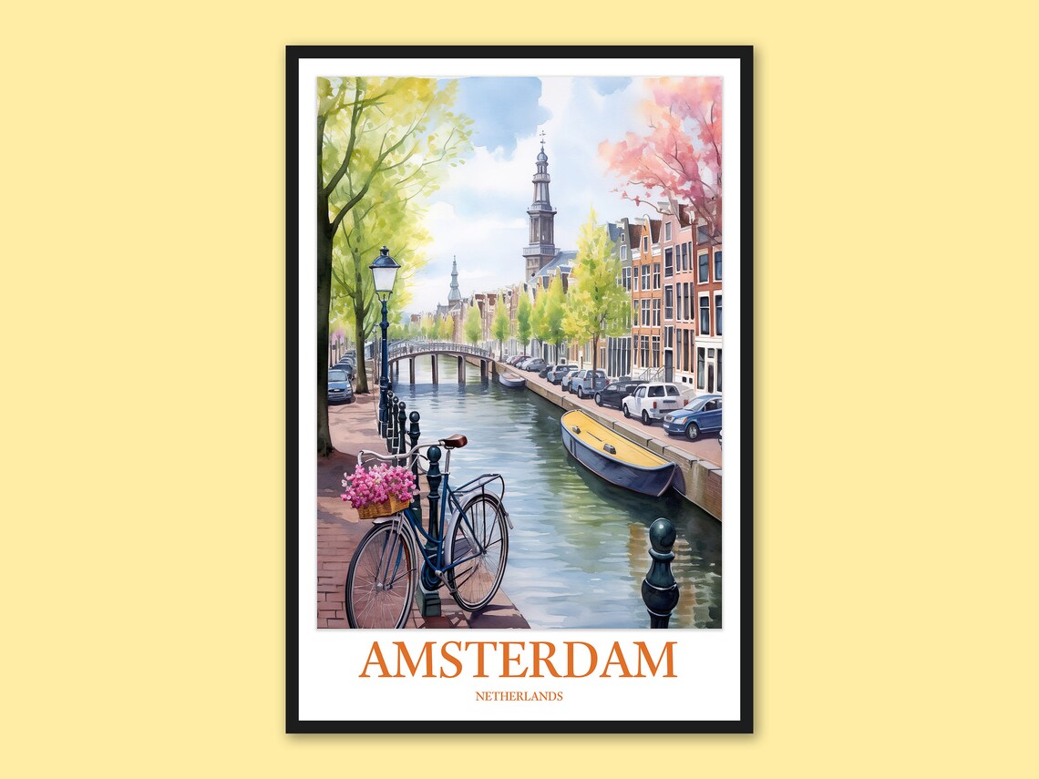 Amsterdam Netherlands Canal Church Tower and Bridge Travel Poster