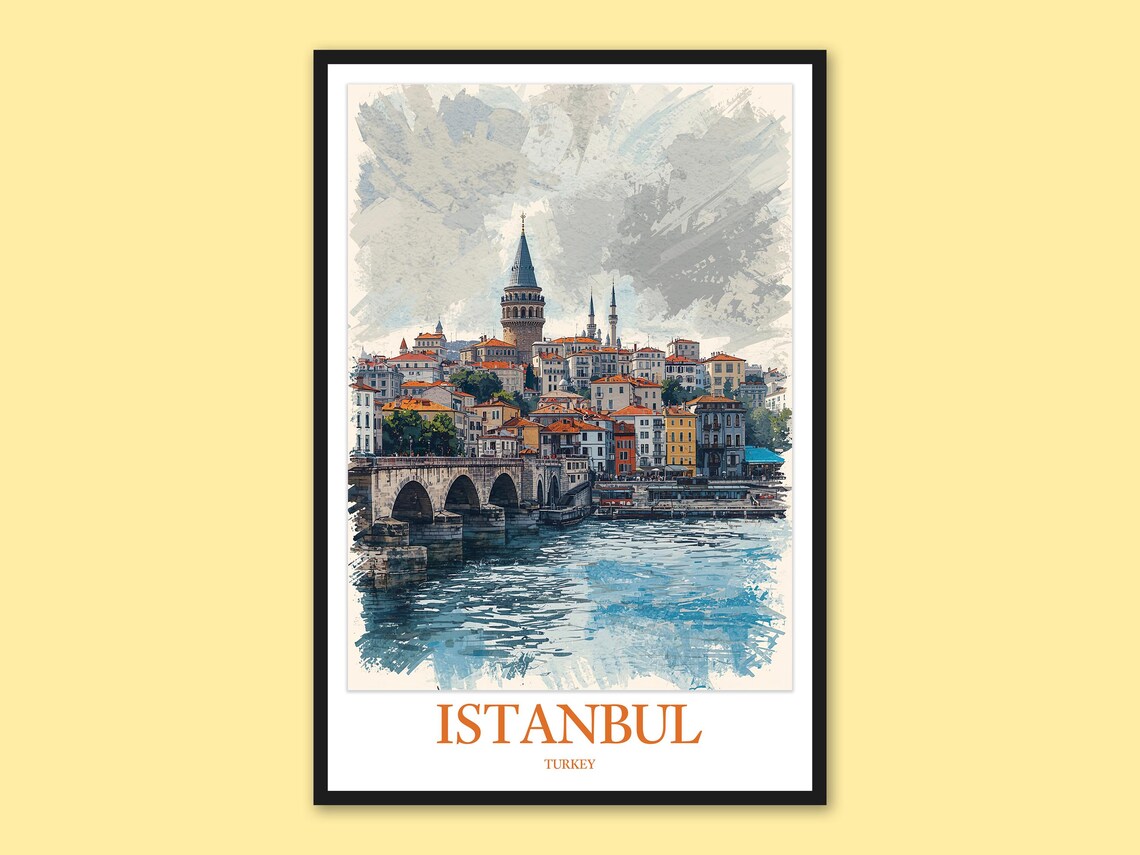 Istanbul Galata Bridge Waterfront Cloudy Day Painting Poster