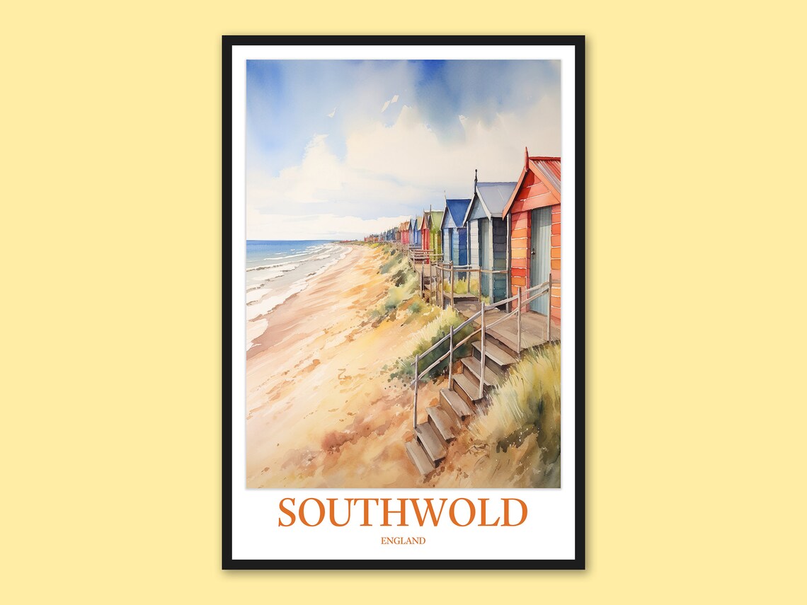 Southwold England Watercolor Beach Huts Row Dunes Travel Print