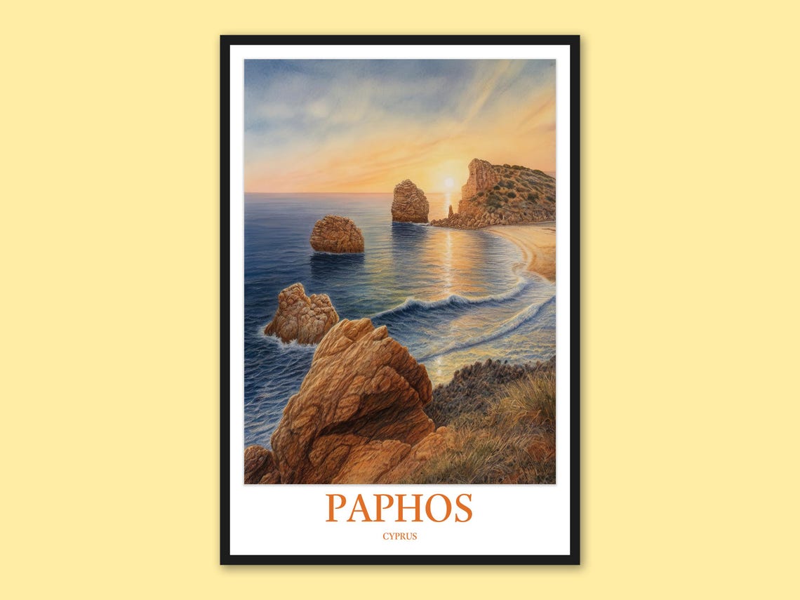 Paphos Cyprus Aphrodite Rock Golden Sunset Seaside Cliff Poster