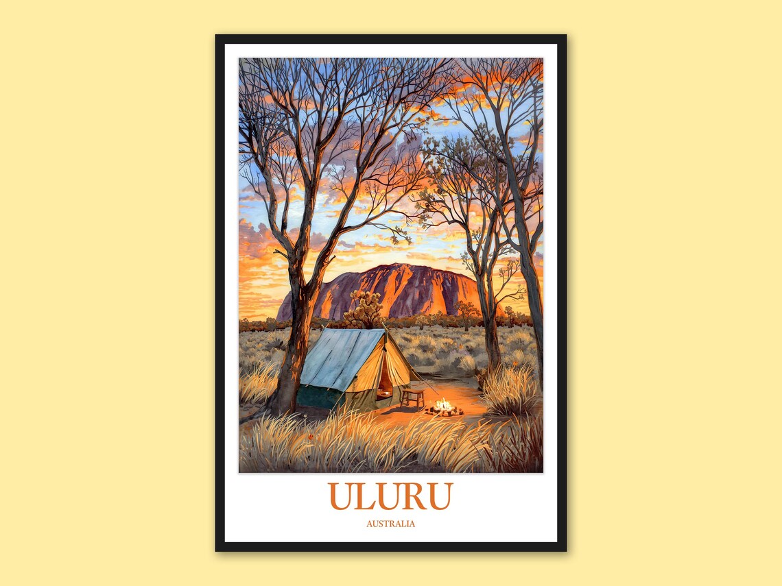 Uluru Outback Campfire Tent Gum Trees Sunset Travel Poster Australia View