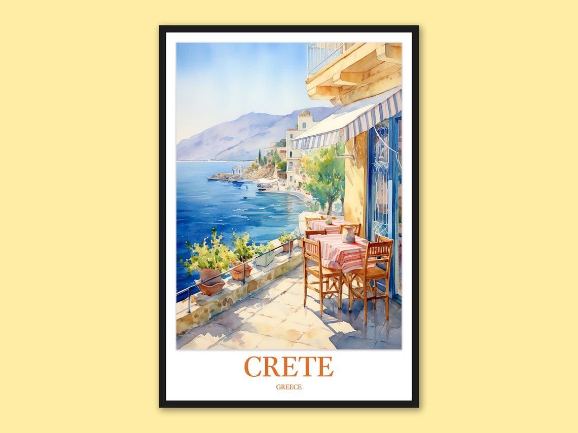 Crete Greece Waterfront Cafe Awning Seaside Dining Travel Poster
