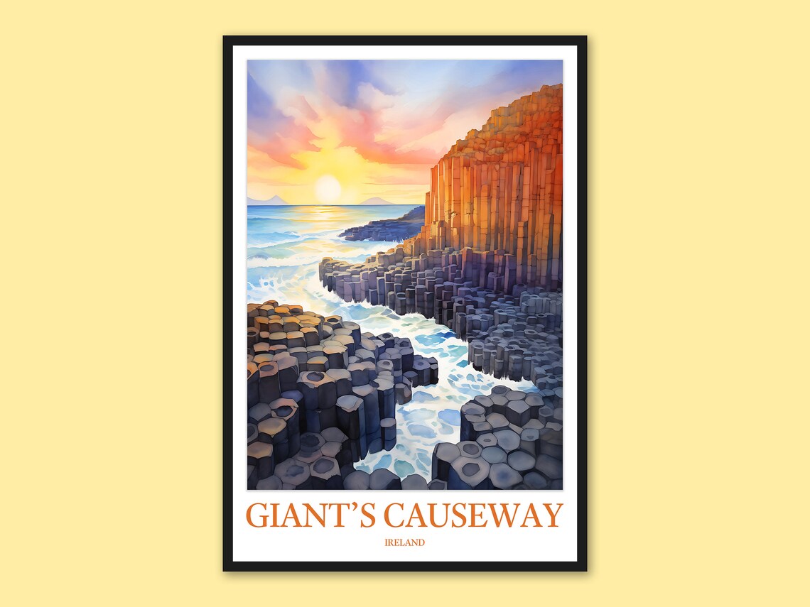Giants Causeway Sunset Golden Cliffs Ocean Watercolor Ireland Poster