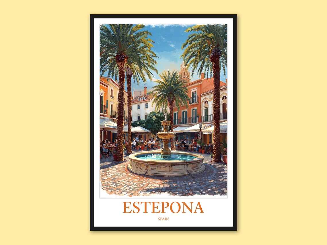 Estepona Spain Old Town Fountain Plaza Palm Tree Scene Poster