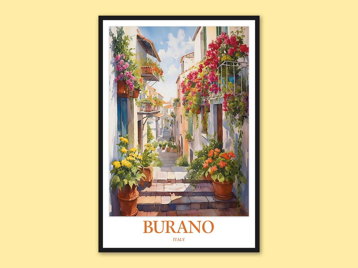 Burano Italy Flowering Staircase Blooming Alley Watercolor Poster