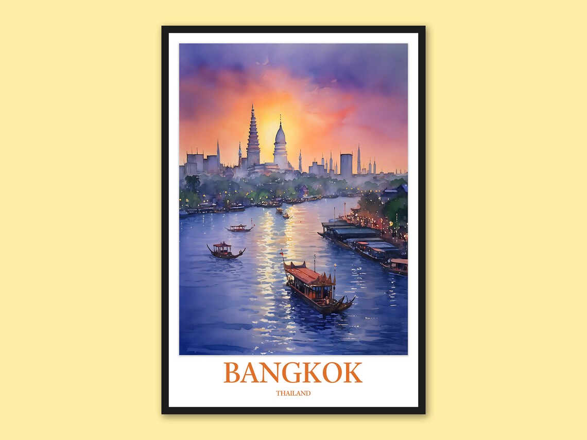 Bangkok Chao Phraya River Temple Sunset Watercolor Travel Poster