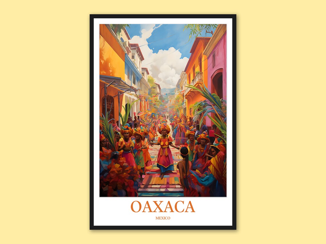Oaxaca Mexico Colorful Street Festival Dancers Watercolor Travel Poster