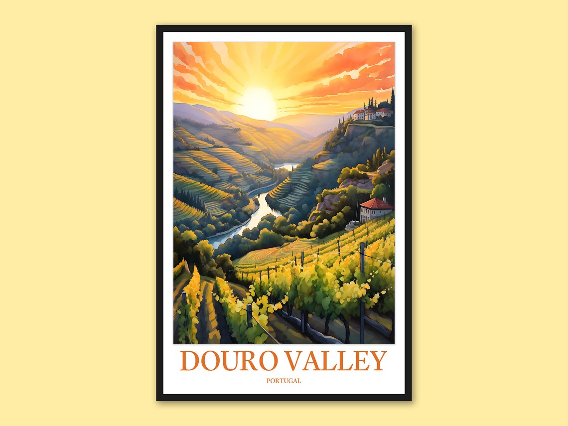 Douro Valley Portugal Sunset Vineyard River House Watercolor Poster
