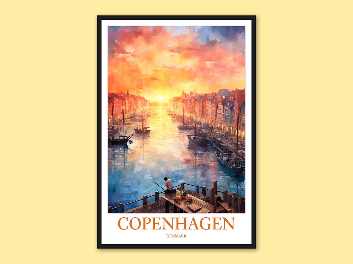 Copenhagen Harbor Fisherman Dock Sunset Watercolor Travel Poster